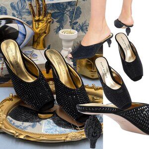 🆕 KURT GEIGER LONDON 🧿 NWOB 60mm Black Crystal Eagle Heel Mule, Sz 37 US 7